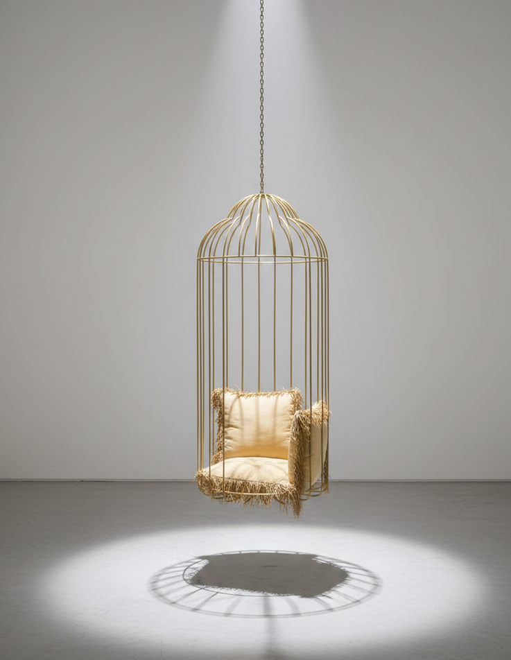 Custom artistic metal cage chair with suspended chain
