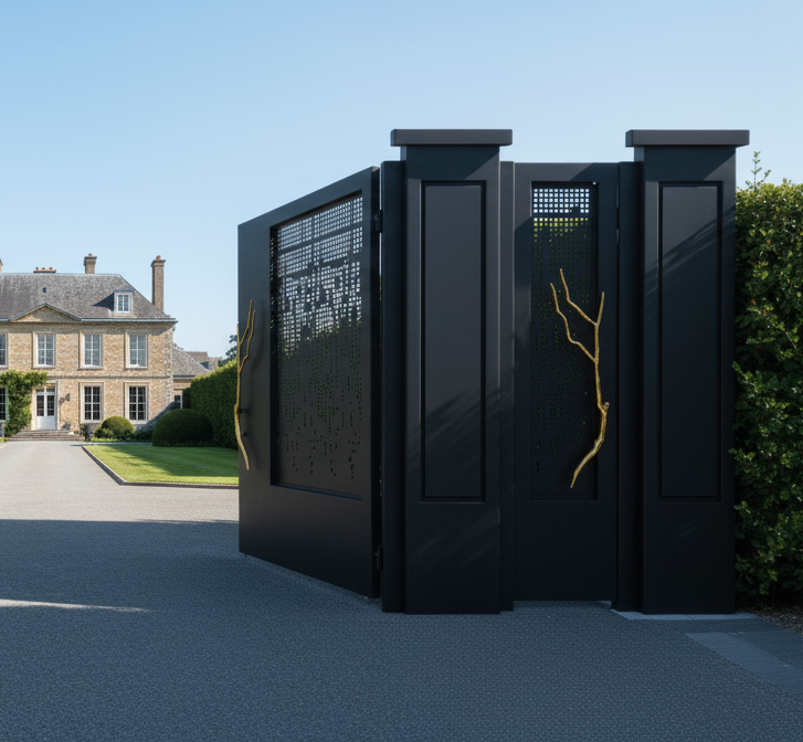 Modern garden gate with a hand-forged iron tree branch handle.