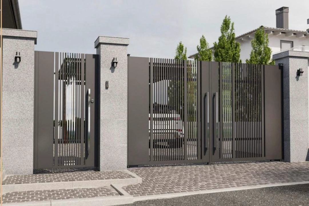 Matching modern entrance set: vehicle and pedestrian gates