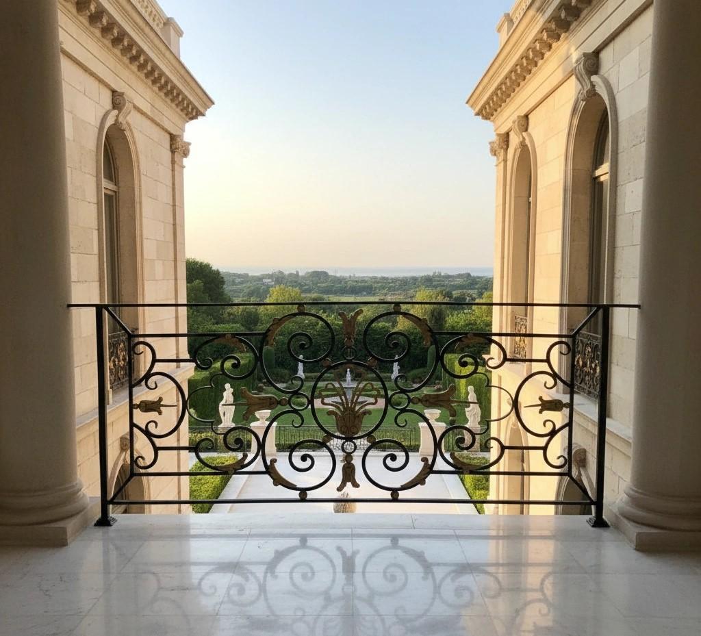Luxury wrought iron balcony railing with gold leaf accents, featuring intricate baroque scrolls and a garden view.