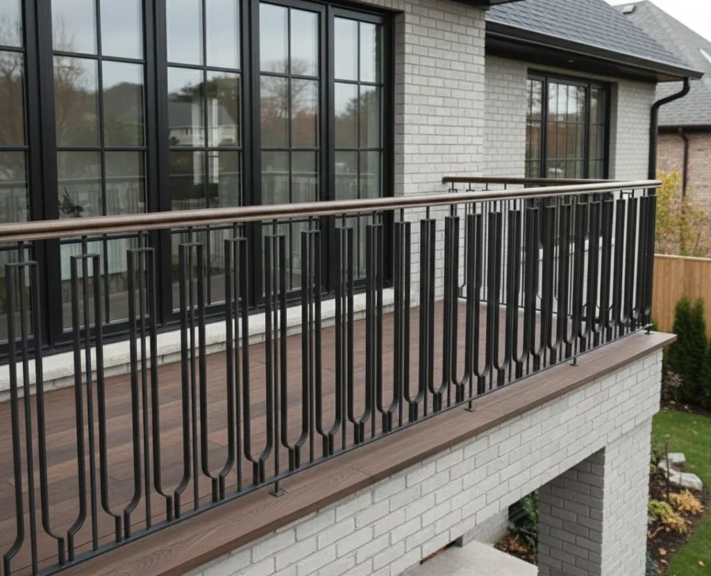 Modern wrought iron balcony railing with vertical U-shaped steel bars and wooden handrail.