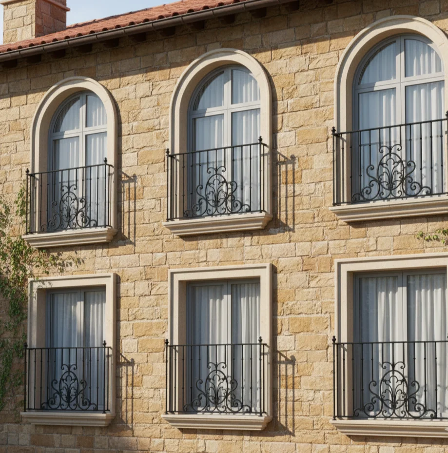 Artistic custom-designed iron railing for French windows