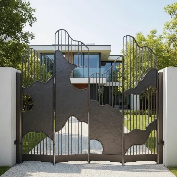 Modern driveway gate featuring a unique laser-cut design with irregular, organic cloud-like solid panels and vertical bars, set against a contemporary minimalist villa.
