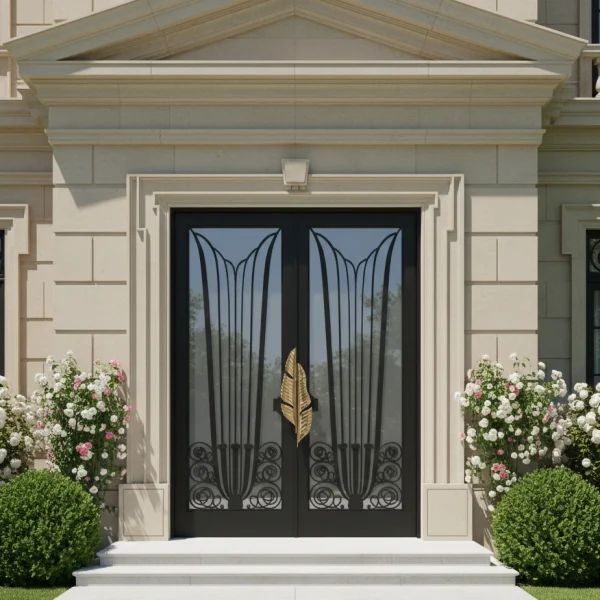 Luxury Art Deco style building entrance featuring a symmetrical gold-finished iron gate with stylized vertical wheat motifs and a massive stone archway.