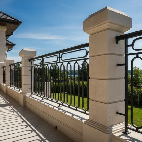Black wrought iron terrace railing with oval capsule motifs, installed on a limestone balcony with a scenic view.