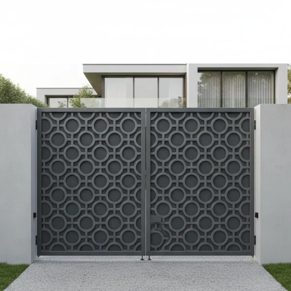 Modern dark grey driveway gate featuring a laser-cut pattern of interlocking circular rings, installed between minimalist concrete pillars for a contemporary villa.