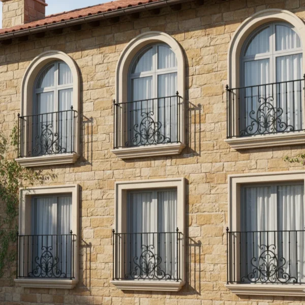 Handcrafted decorative wrought iron balcony railings on a three-story stone building facade.