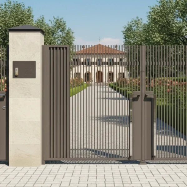 Modern minimalist driveway gate with thin vertical steel slats and integrated pedestrian entrance, set against a luxury villa and manicured landscape.