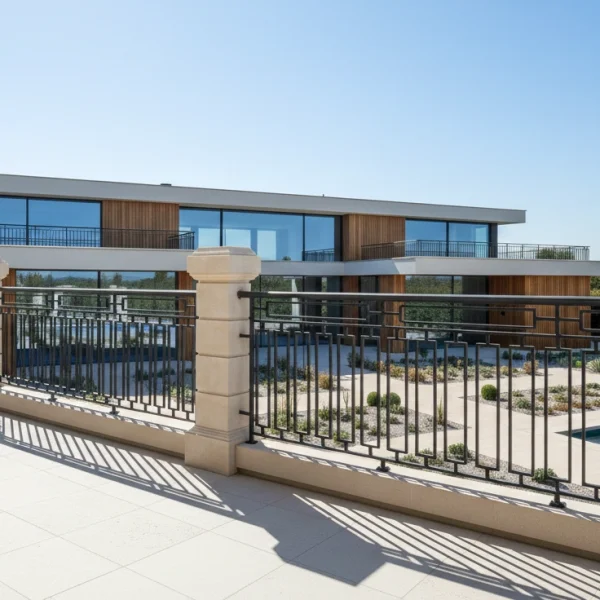 Modern minimalist wrought iron perimeter railing with clean geometric lines, installed on a luxury villa terrace with pool view.