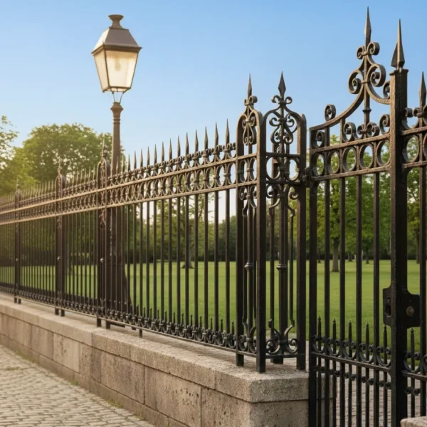 Extensive black wrought iron perimeter fence with gold leaf finials, protecting a grand classical building with ornate balconies.