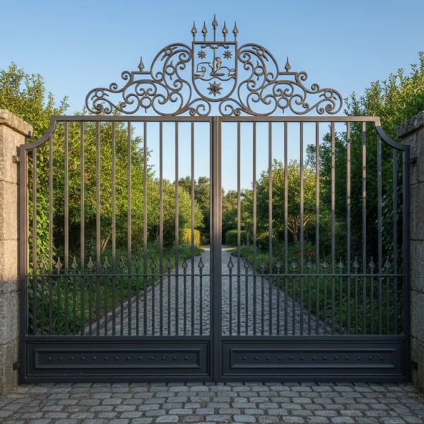 Grand wrought iron garden gate with an intricate decorative crest and scrollwork finials, set between natural stone pillars in a garden landscape. Luxury Entry Systems - Temirci Art
