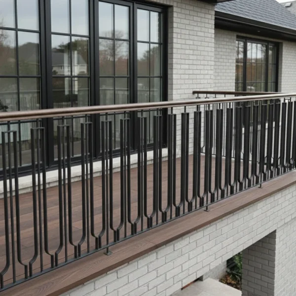 Modern wrought iron balcony railing with vertical U-shaped steel bars and wooden handrail.