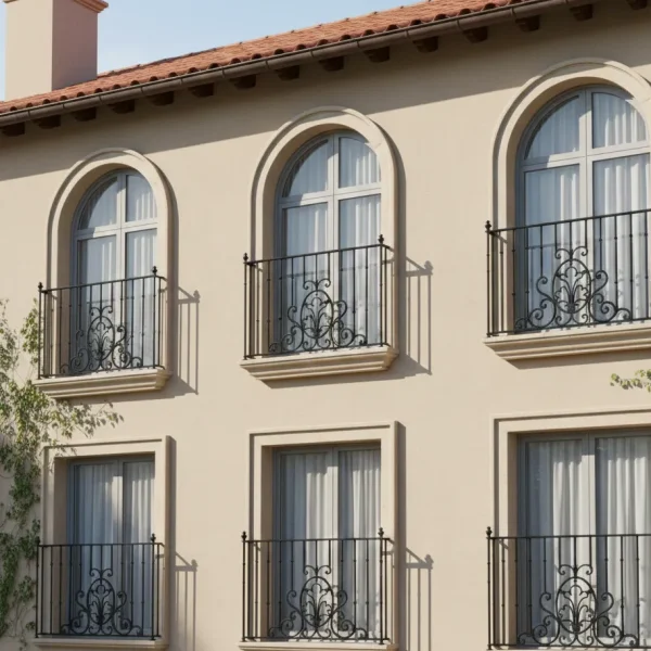 Symmetrical wrought iron Juliette balconies with intricate floral scrollwork on arched windows.