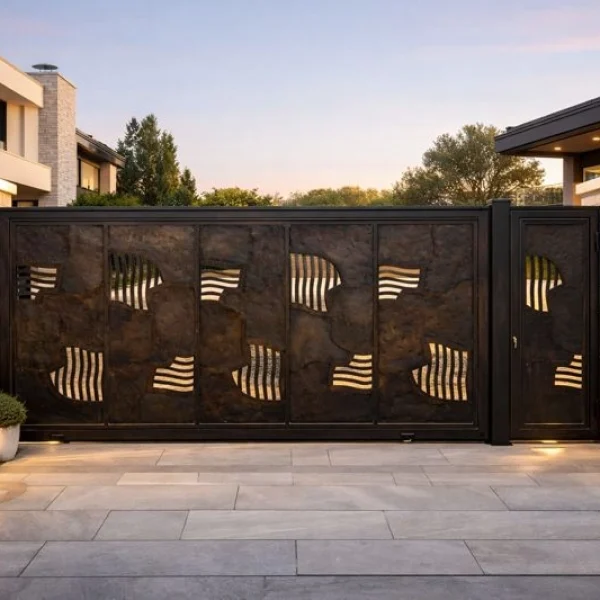 Luxury oversized sliding gate with a weathered bronze texture and irregular vertical slat inserts, integrated with a matching pedestrian entrance and stone masonry. Luxury Entry Systems - Temirci Art