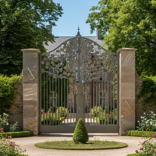 Hand-forged wrought iron estate gate featuring a detailed tree motif with sprawling branches and leaves, integrated into a symmetrical metal frame.