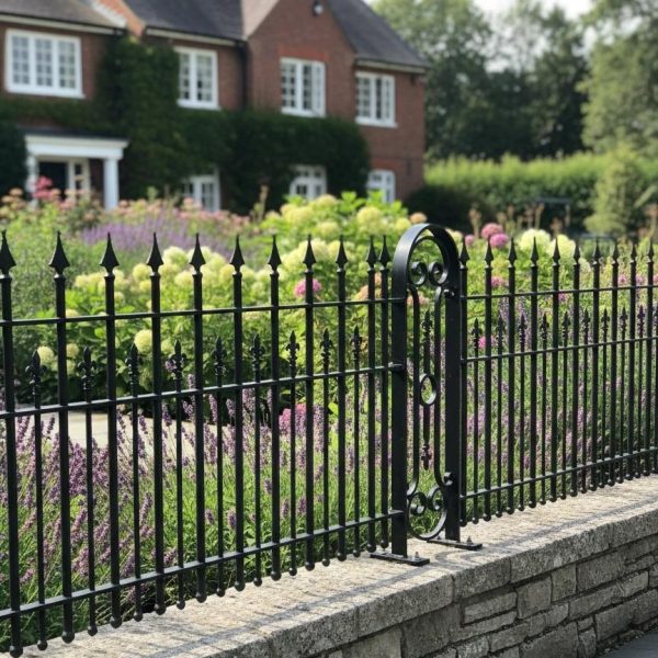 Classic black wrought iron garden fence with spearhead finials and an ornate decorative pillar, set against a brick house and lavender garden.